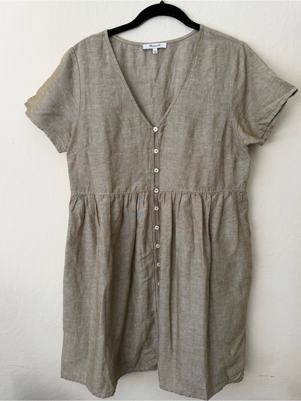 Madewell Alexandra Taupe Button-Front V-Neck Linen Dress Medium